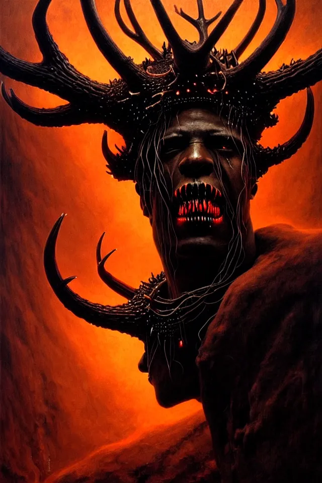 Prompt: a striking portrait of an eldritch black god king with black antlers and a burning horned crown on his head by moebius and hr giger and beksinski, trending on artstation, digital art, 4 k resolution, detailed, high quality, sharp focus, hq artwork, insane detail, volumetric lighting, character concept art, fine details, clear face