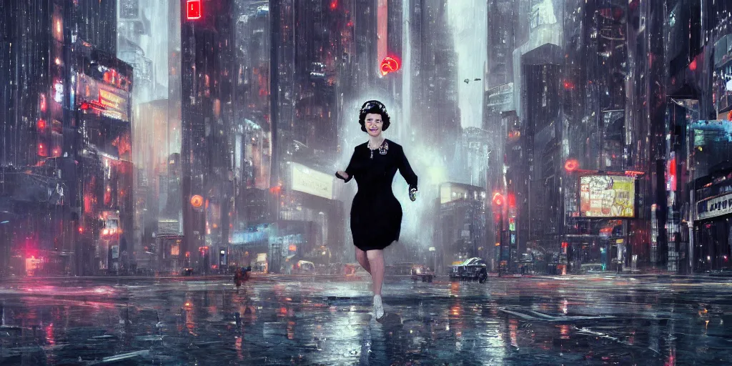 Image similar to ultra realistic painting of a young queen elizabeth ii in the 1 9 8 9 city of tacoma, wearing a wet white short dress, looking into the camera with a smirk while running in a cyberpunk city, art by ross draws, 4 k, ultra realistic, highly detailed, epic lighting