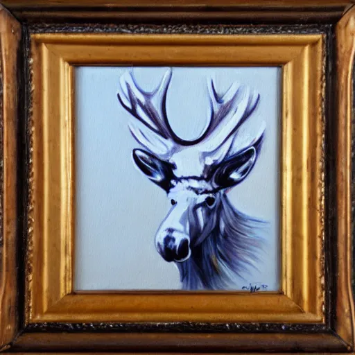 Image similar to white moose wearing shades, oil painting