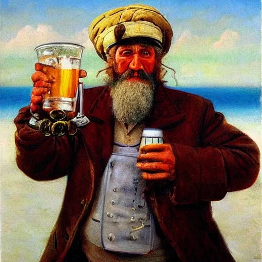 Image similar to painting of sailor hobo hyperrealism vasily vereshchagin with beer mug