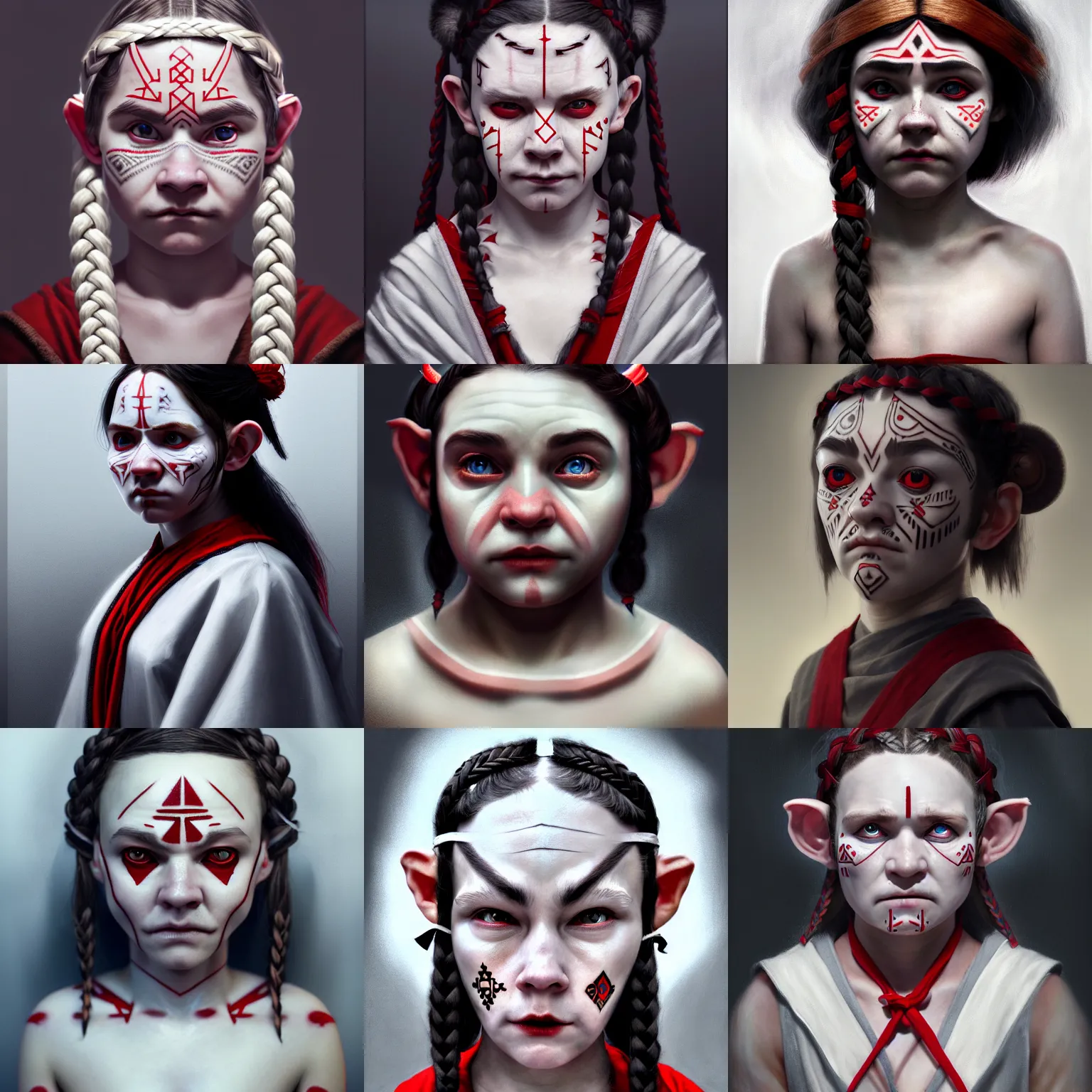 Prompt: halfling with strange geometric facial tattoos, pale - white skin, ( ( ( ( red ) ) ) ) eyes, grey robe, white braided hair, black hair ribbons, tired haunted expression, # artstation, low angle oil painting composition laws, cinematic lighting, hyperdetailed 8 k