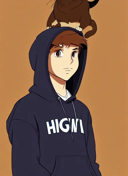 Image similar to teen boy with brown hair and big blue eyes, wearing a black hoodie with cat ears on top of it, natural lighting, path traced, highly detailed, high quality, cartoon, digital painting, by don bluth and ross tran and studio ghibli and alphonse mucha