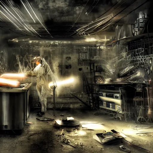 Image similar to cyborg toaster oven repairman, dark messy smoke - filled cluttered workshop, dark, dramatic lighting, orange tint, sparks, plasma rays, cinematic, highly detailed, sci - fi, futuristic, movie still, rule of thirds composition