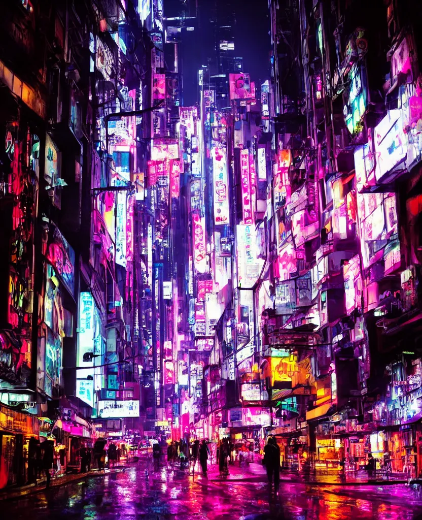 Image similar to cyberpunk city at night, night clubs and neons, rain, camera high, girl under lantern, by Sean Foley