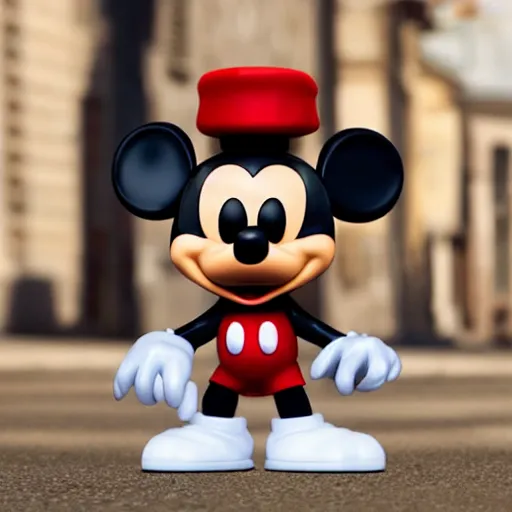 Image similar to a life-sized talking uncanny valley funko pop of mickey mouse, wandering in the streets of Paris high quality very detailed with shadows 4k