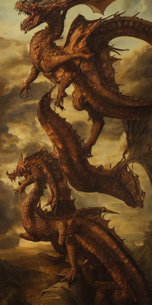 Prompt: Highly detailed and cinematic Renaissance period portrait oil painting of an English dragon, an oil painting ((masterpiece)) by ((Josep Tapiró Baró)), dynamic lighting, 8K