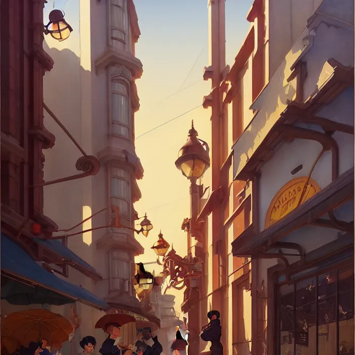 Image similar to californian city, winter, in the style of studio ghibli, j. c. leyendecker, greg rutkowski, artem