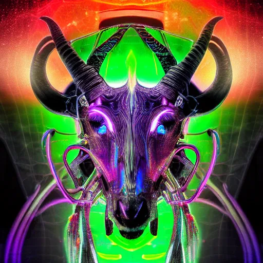 Image similar to detailed digital art, multicolored futuristic biomechanical circutry background merged with a cybernetic evil goat head in center focus
