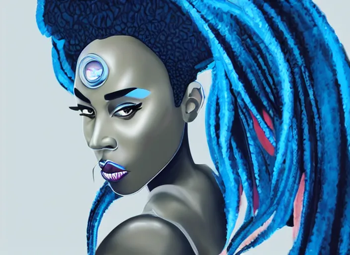 Image similar to a black woman with blue hair wearing a futuristic outfit by osborne macharia, trending on behance, afrofuturism, futuristic, airbrush art, future tech