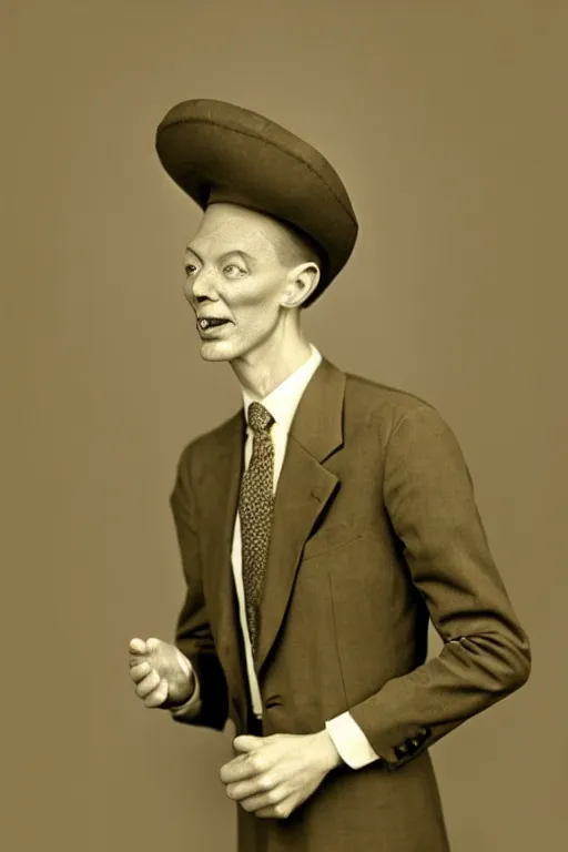 Image similar to anthropomorphic praying mantis, wearing a suit, vintage photograph, sepia