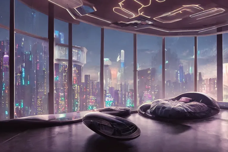 Image similar to a futuristic bedroom with large curved ceiling high windows looking out to a far future cyberpunk cityscape, cyberpunk neon lights, raining, scifi