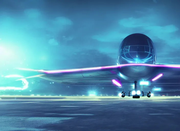 Image similar to immense futuristic jet plane arrives at runway of cyberpunk airport at night ,cinematic lighting, concept art