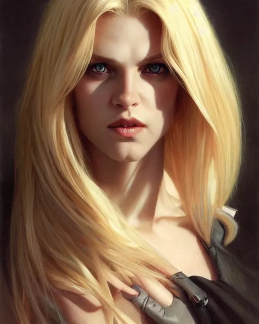 Image similar to portrait of a blonde vampire, dark, piercing eyes, gentle expression, elegant clothing, photorealistic, highly detailed, artstation, smooth, sharp focus, art by michael whelan, artgerm, greg rutkowski and alphonse mucha