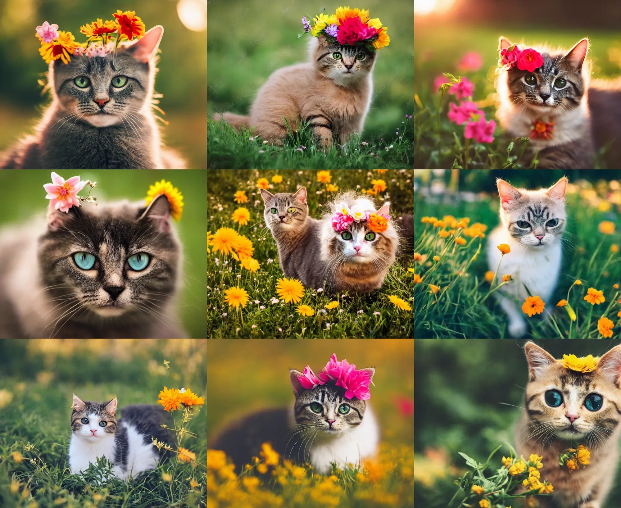 Prompt: cute cat with flower on its head, golden hour