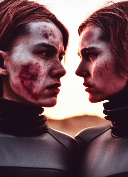 Image similar to cinestill 5 0 d photographic portrait of two loving female androids wearing rugged black techwear on a desolate plain with a red sky, extreme closeup, cyberpunk style, in front of a brutalist dark metal facility, dust storm, 8 k, hd, high resolution, 3 5 mm, f / 3 2, ultra realistic faces, ex machina