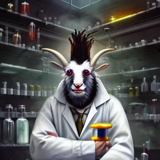 Image similar to a mad scientist goat in lab coats mixing acids, digital art, trending on artstation and unreal engine, deviantart, smooth, hyper detailed, award - winning, hd