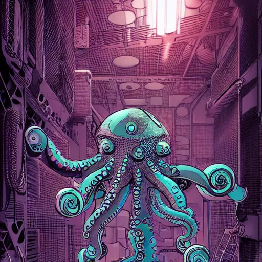 Image similar to robotic Octopus in an airlock, Industrial Scifi, cyberpunk, detailed illustration, character portrait, by Martin Grip and Moebius