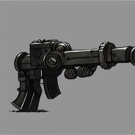 Prompt: greg manchess video game weapon icon of a dieselpunk grenade launcher, matte grey background, key visual, digital painting, artstation, concept art, by makoto shinkai and akihiko yoshida and hidari and wlop and greg rutkowski