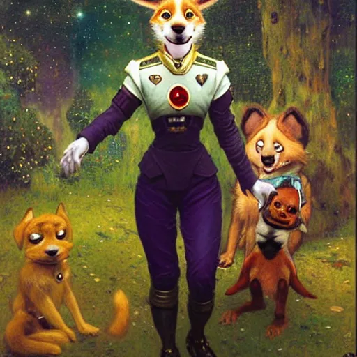 Image similar to a female dog dogwoman canine in starfleet uniform at night in a dark forest. zootopia fursona furaffinity furry art detailed face painting by gaston bussiere craig mullins jc leyendecker gustav klimt artgerm greg rutkowski furry