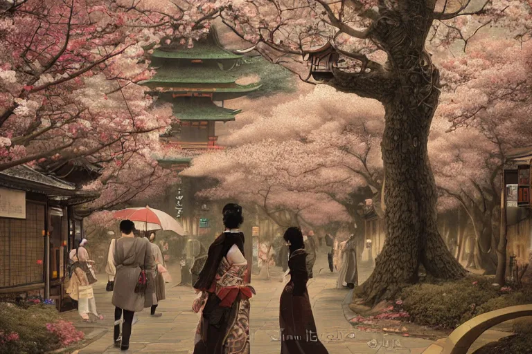 Image similar to Lee Jin-Eun by Andrew Ferez, rule of thirds, seductive look, beautiful, in Kyoto Gion with sakura trees