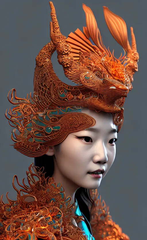 Prompt: 3 d goddess close - up profile portrait. beautiful intricate highly detailed korean gumiho mask and traditional hanbok. stingray, magpie, bio luminescent, plasma, lava, ice, water, wind, creature, artwork by tooth wu and wlop and beeple and greg rutkowski, octane 3 d render