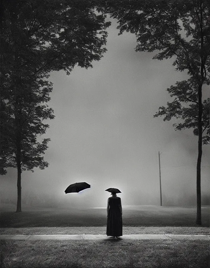 Prompt: “ gregory crewdson, photograph, quiet american neighborhood, a woman waiting holding a transparent umbrella ”