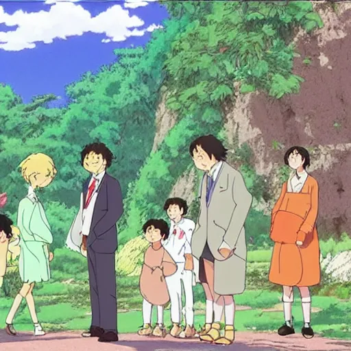 Image similar to STUDIO GHIBLI | an animal wedding at the farm, happy antropomorphic animals wearing wedding suits and robes, extended family, outside, mountain background, by Studio Ghibli, still picture, perfect movie shot, animation masterpiece, composition, framing, happy, hopeful, nostalgic