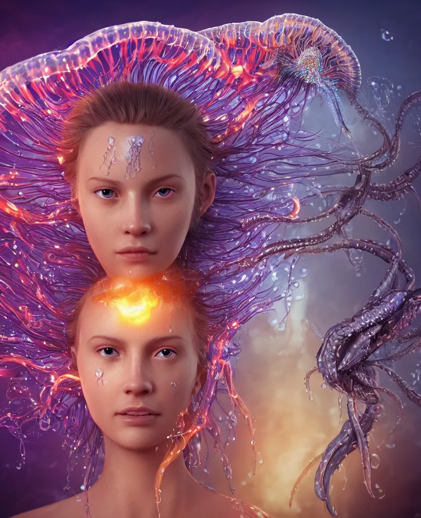 Image similar to close-up macro portrait of the face of a beautiful princess, epic angle and pose, symmetrical artwork, 3d with depth of field, blurred background, cybernetic jellyfish female face skull phoenix bird, translucent, nautilus, energy flows of water and fire. a highly detailed epic cinematic concept art CG render. made in Maya, Blender and Photoshop, octane render, excellent composition, cinematic dystopian brutalist atmosphere, dynamic dramatic cinematic lighting, aesthetic, very inspirational, arthouse. y Greg Rutkowski, Ilya Kuvshinov, WLOP, Stanley Artgerm Lau, Ruan Jia and Fenghua Zhong