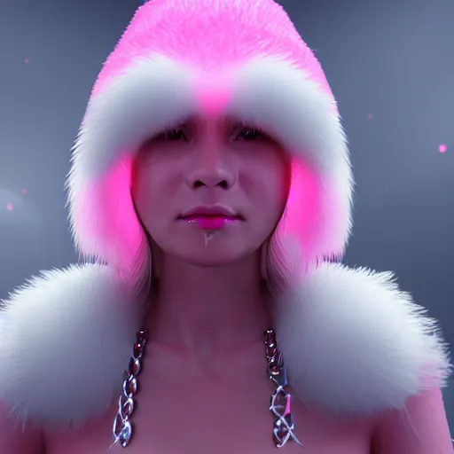 Prompt: white mink with necklace of pink bacteria, unreal engine, staring at camera, matte background, high symmetry, 8k