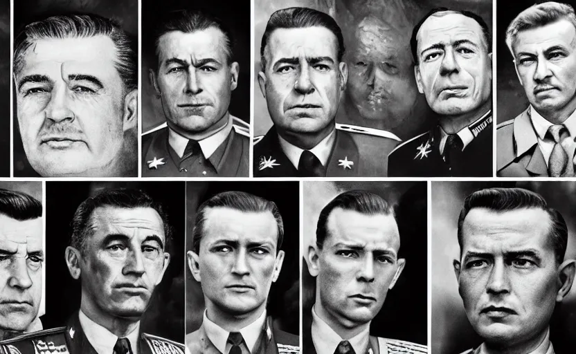 Image similar to 50s movie still full lenght portrait of very diverse soviet generals with very detailed faces, by Alexei Guerman , Cinestill 800t 35mm black and white, heavy grainy picture, very detailed, high quality, 4k, HD criterion, precise texture, diversity of faces