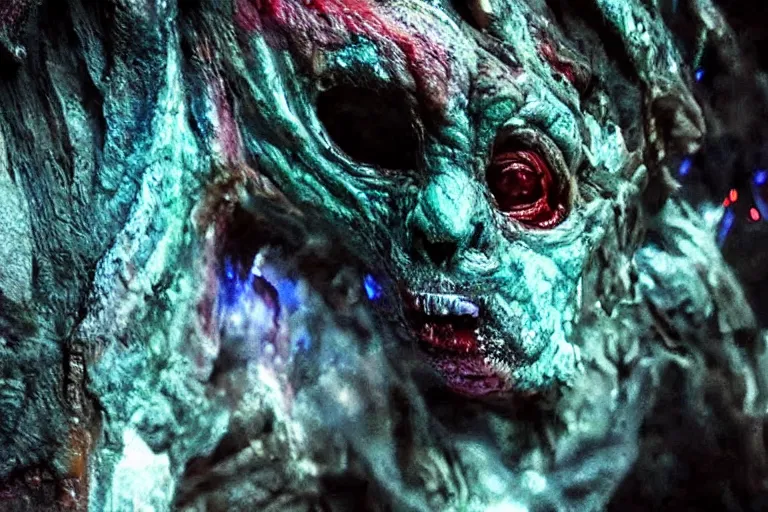 Prompt: vfx movie scene closeup monstrous alien with streaks of color in its skin creature in underground rocky cave. by emmanuel lubezki