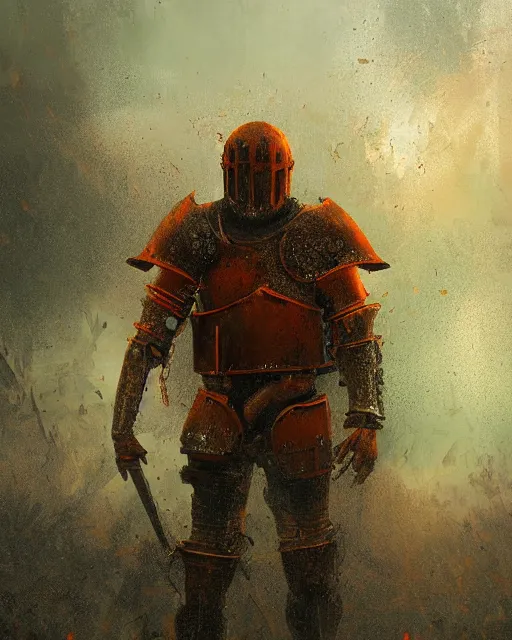 Image similar to Hyper realistic painting of a knight in a rusted full plate armor, green and orange rust, hyper detailed, thunderstorm, midnight, volumetric lighting, creepy atmosphere, by greg rutkowski