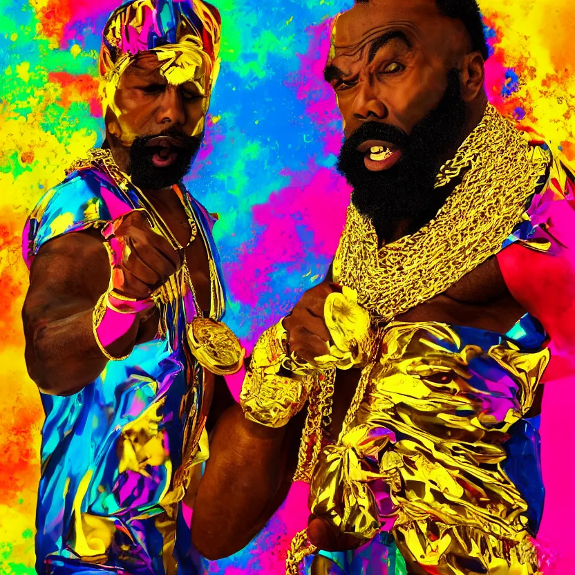 Image similar to mr. t pitying a fool, hyper color, stylized photo, gold chains, digital art