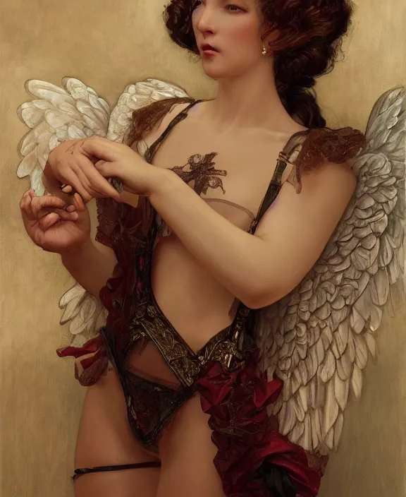 Prompt: an angel wearing an intricate and detailed silk lingerie set, suspenders, honey birdette, realistic renaissance portrait, highly detailed, digital painting, artstation, concept art, smooth, sharp focus, cinematic lighting, art by john collier, artgerm and greg rutkowski and alphonse mucha and jacques louis david