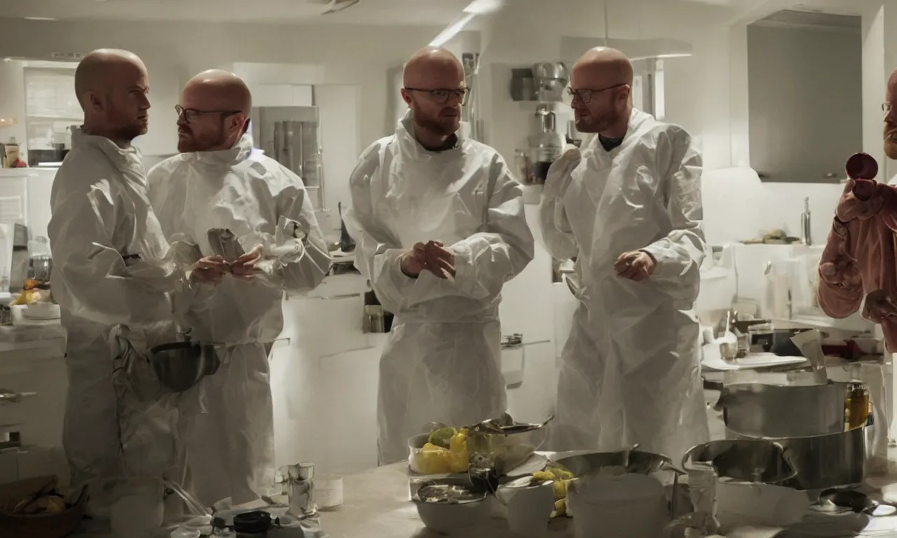 Image similar to a jesse pinkman cook gus for walter white, a still shot from breakingbad