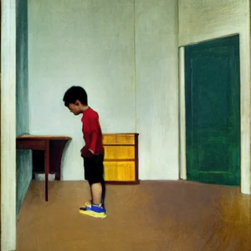 Image similar to a boy playing in a singaporean hdb flat, by edward hopper