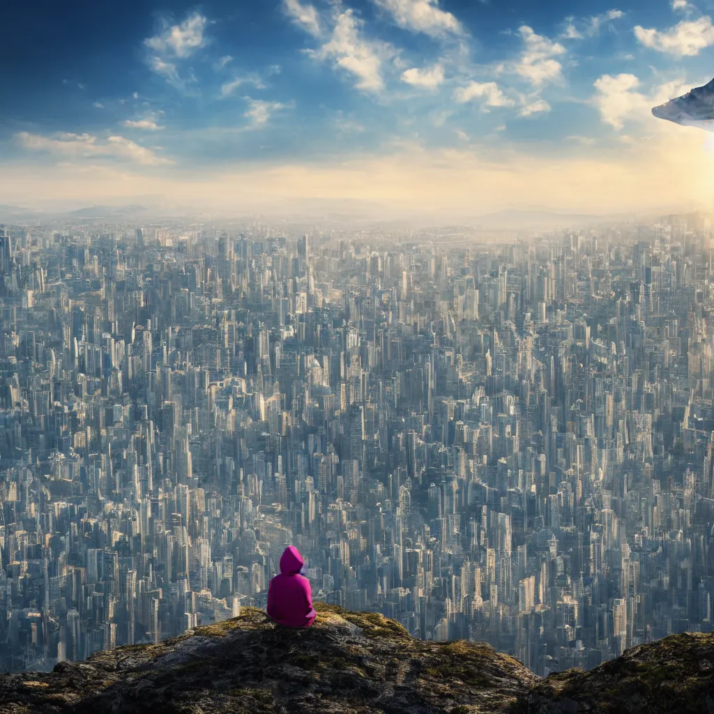 Prompt: meditating person with hoodie on sitting on top of a mountain overlooking a giant futuristic city by sundawn, high resolution photo, detailed