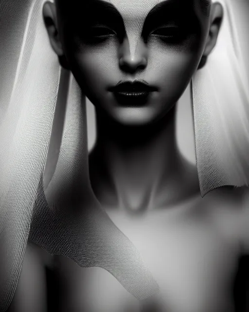 Image similar to surreal mythical dreamy dark artistic black and white fine art 3 / 4 portrait photo of a young delicate female robot - vegetal - human with long pale feathers, rim light, cinematic, studio dramatic light, poetic, octane render, 8 k, photo - realistic