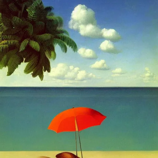 Image similar to a dream-vacation in the tropical beach by Raphael, Hopper, and Rene Magritte. detailed, romantic, enchanting, trending on artstation.