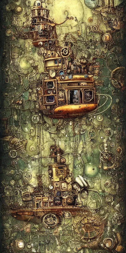 Image similar to a detailed digital painting of an organic steampunk living submarine by alexander jansson and where's waldo and leonardo da vinci