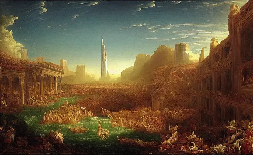 Image similar to “ the fall of dubai, in the style of thomas cole ”