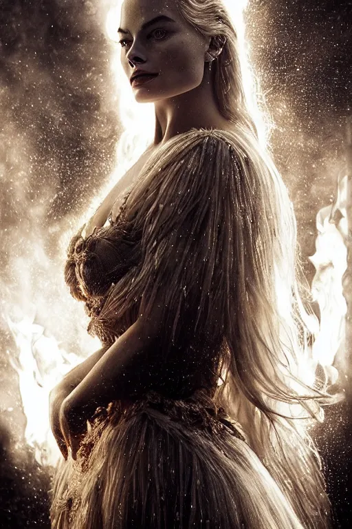 Prompt: majestic and regal portrait of a beautiful young margot robbie fire goddess!!, intricate, epic, elegant, menacing, fantasy, highly detailed, digital painting, hard focus, beautiful volumetric lighting, epic light, ultra detailed, souls, smoke, by leesha hannigan, ross tran, thierry doizon, kai carpenter, ignacio fernandez rios