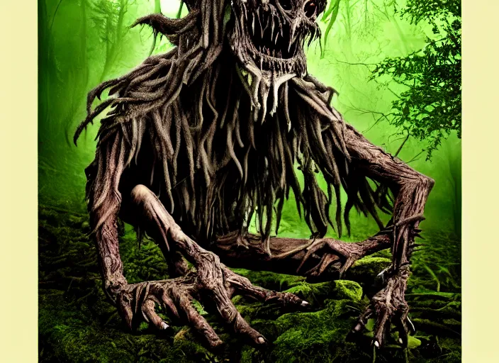 Image similar to an incredibly scary and very very unique monster creature of evil nature with animal, human and tree like characteristics, ancient folk legend in the forest, extremely creative and detailed, gloomy colors, 1 8 mm lens, digital medium format photography