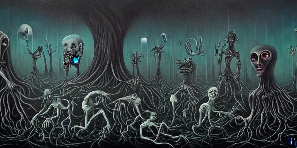 Prompt: creatures lurking in the collective unconscious, in a dark surreal painting by ronny khalil