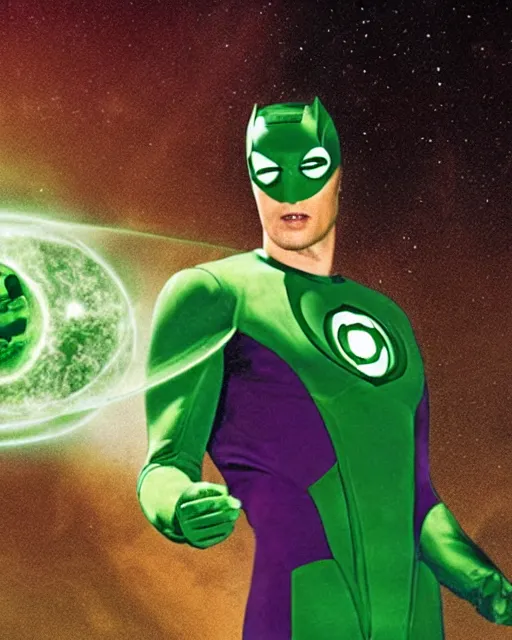 Image similar to photograph of actor Christoper Reeve dressed as a Green Lantern, lounging by an infinity pool on a mystical Alien planet with voluminous purple clouds, Sunny Day