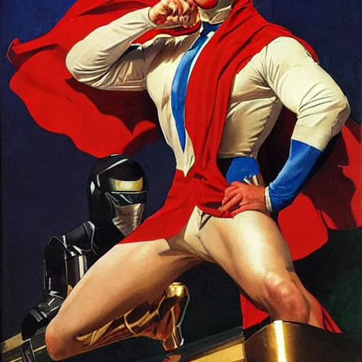 Prompt: a handsome man dressed as a superhero. beautiful painting with highly detailed face by leyendecker