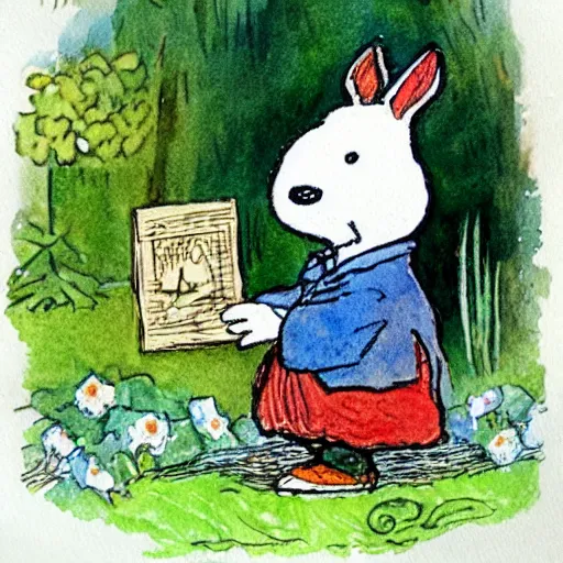 Prompt: Beatrix Potter watercolor illustration of Snoopy in a garden