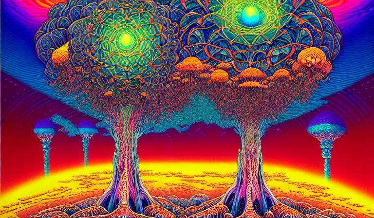 Image similar to an expansive rendering of beautiful and complex oneness of all things by dan mumford, by jim fitzpatrick, by joe wilson, by jim burns, by victo ngai, by jacek yerka, surrounded with colorful magic mushrooms and rainbowcolored marihuana leaves, insanely integrate, featured on deviant art, trending on artstation