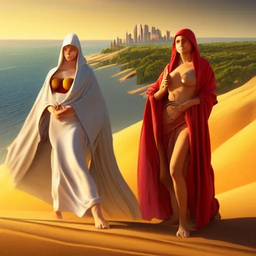 Prompt: three robed women on a sand dune, realistic, female, city in background, D&D, fantasy, intricate, elegant, highly detailed, digital painting, artstation, octane render, concept art, matte, sharp focus, illustration, hearthstone, shallow depth of field, dramatic lighting, art by Artgerm and Greg Rutkowski and Alphonse Mucha