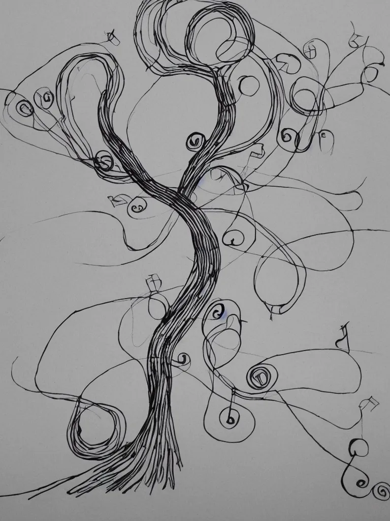 Prompt: single line drawing, acorn turns into a tree in shape of treble clef, two half drawing one with bursts of color, trending on art station, continuous line drawing, ONE LINE